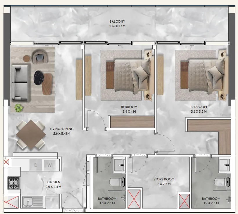 2 bedroom Apartments floor plan at California Residences