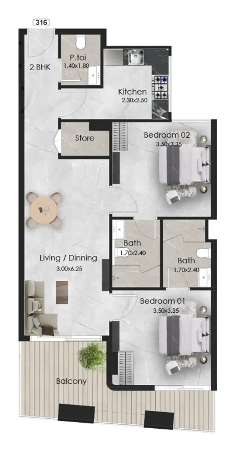 2 bedroom Apartments floor plan at Aristo