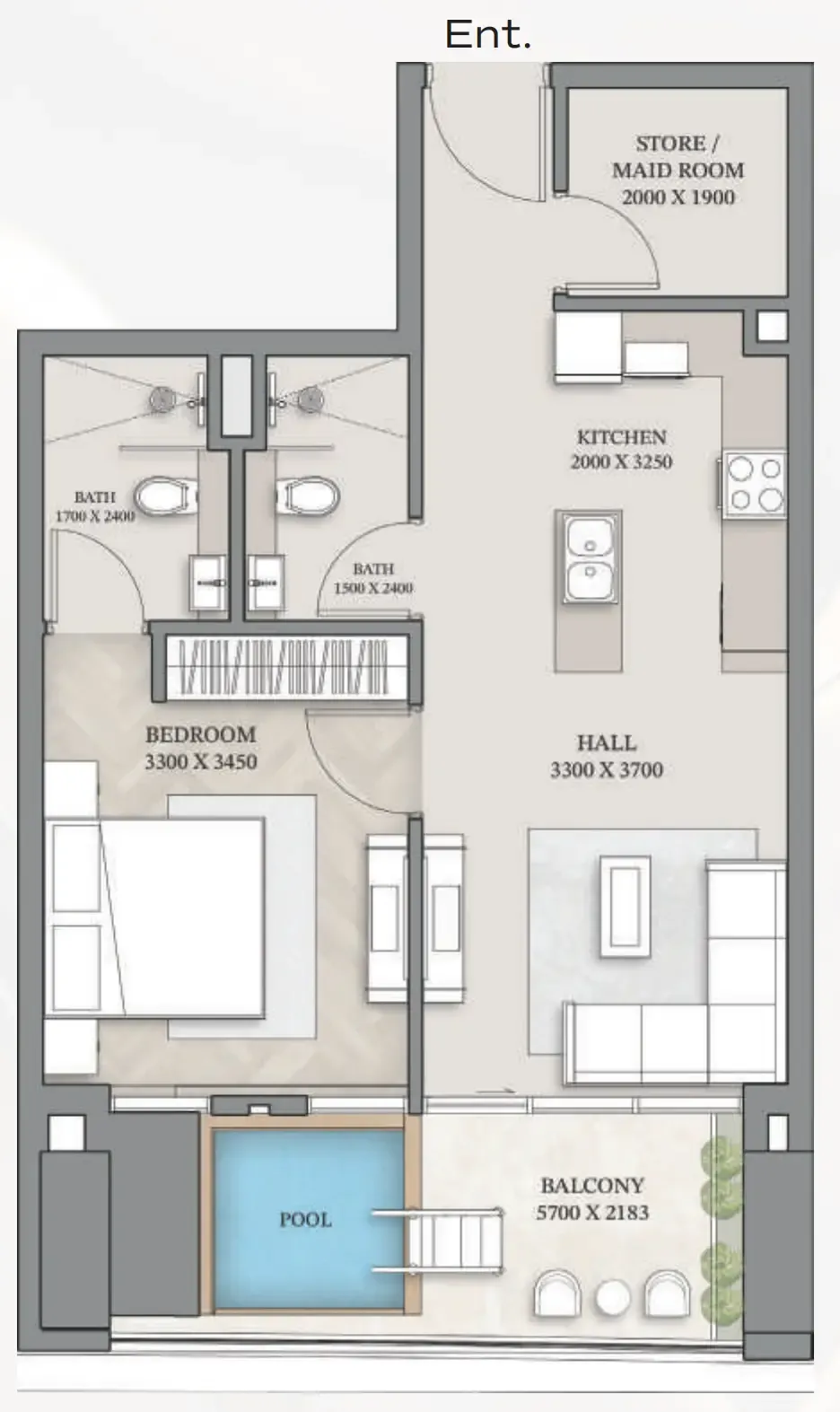 1.5 bedroom Apartments floor plan at Empire Gardens