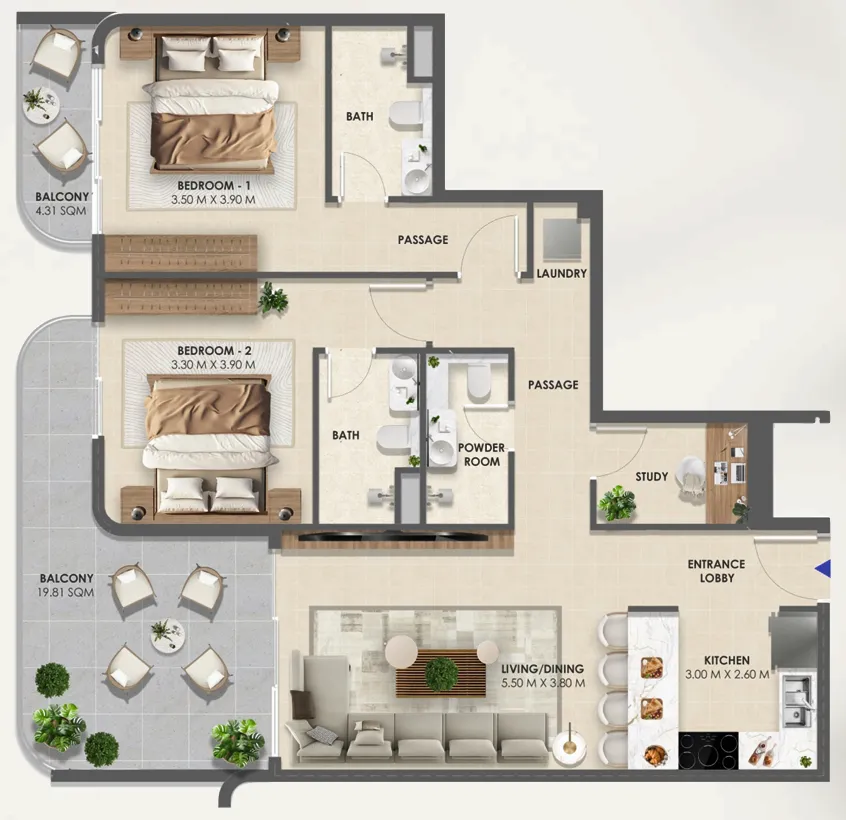 2.5 bedroom Apartments floor plan at Vivida Residences
