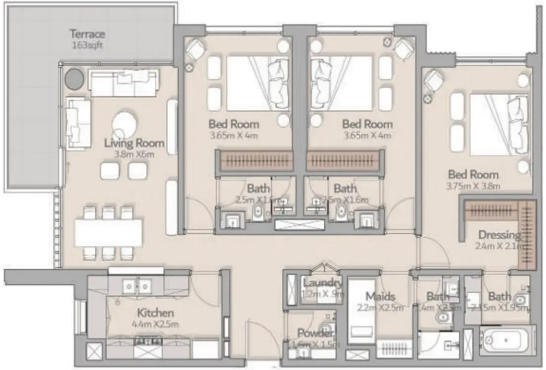 3 bedroom Apartments floor plan at South Square Tower S1