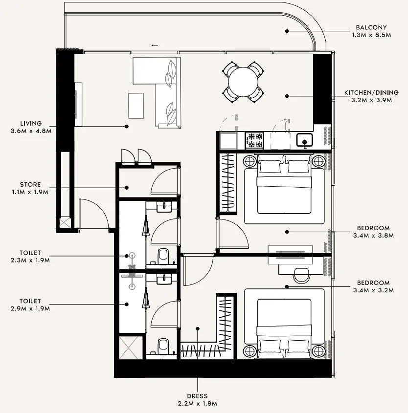2 bedroom Apartments floor plan at Azizi Milan