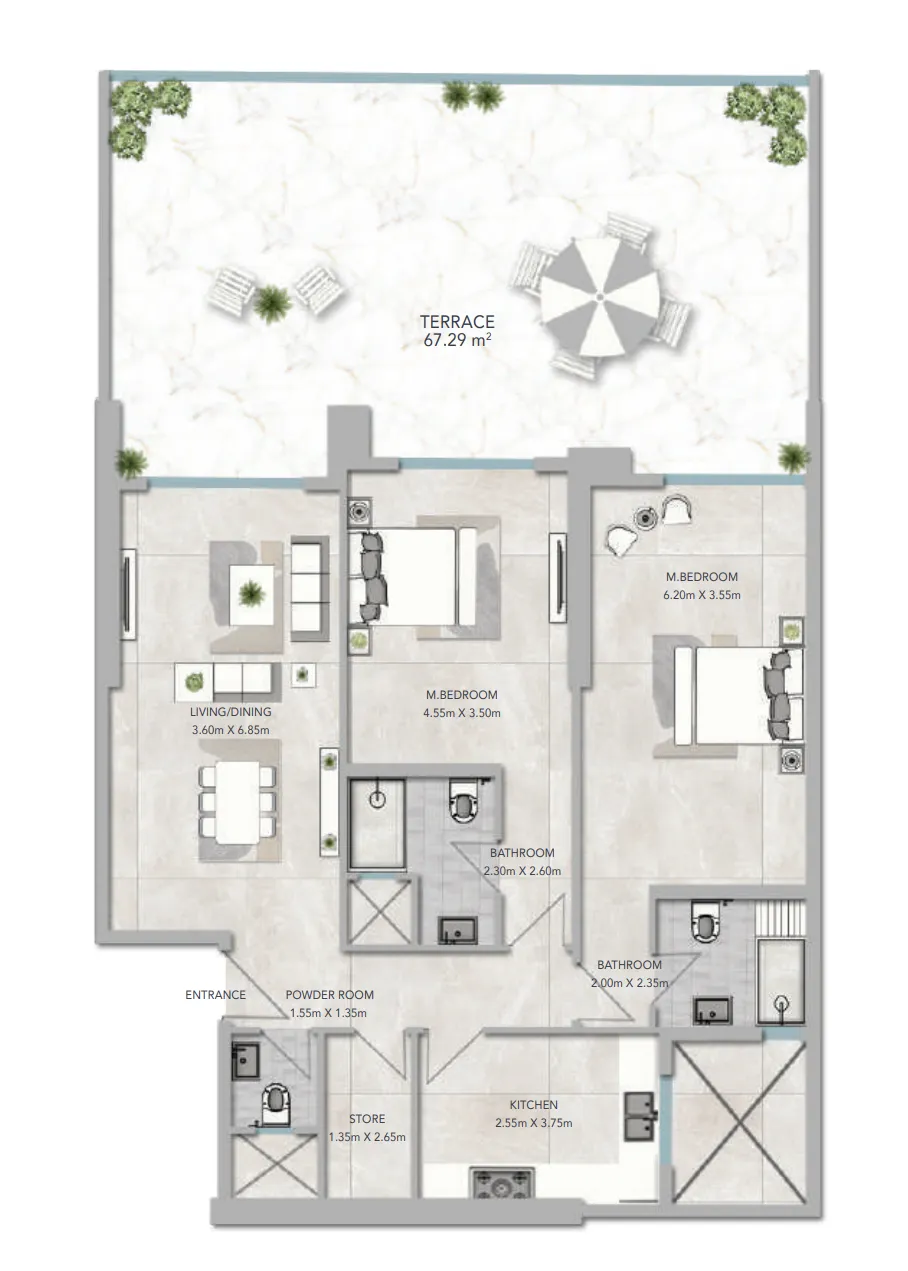 2 bedroom apartments floor plan at Al Aamra 3 Tower