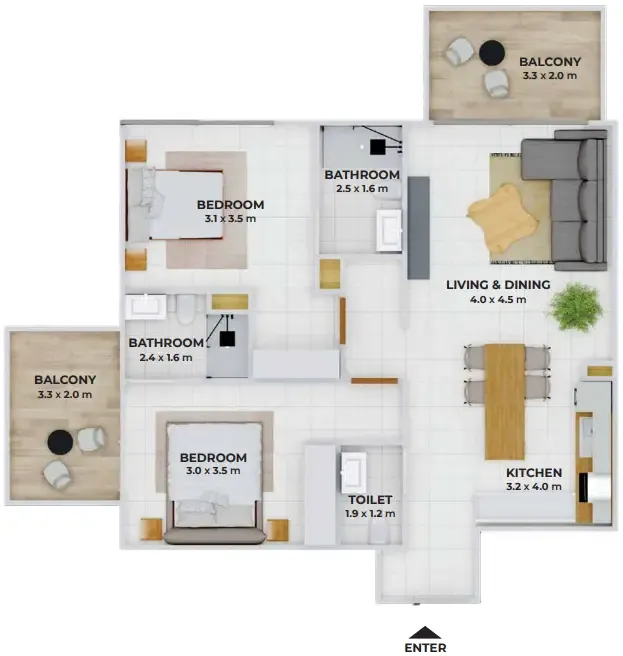 2 bedroom Apartments floor plan at Treppan Tower