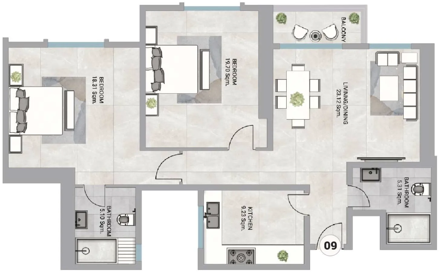 2 bedroom Apartments floor plan at Barajeel Towers