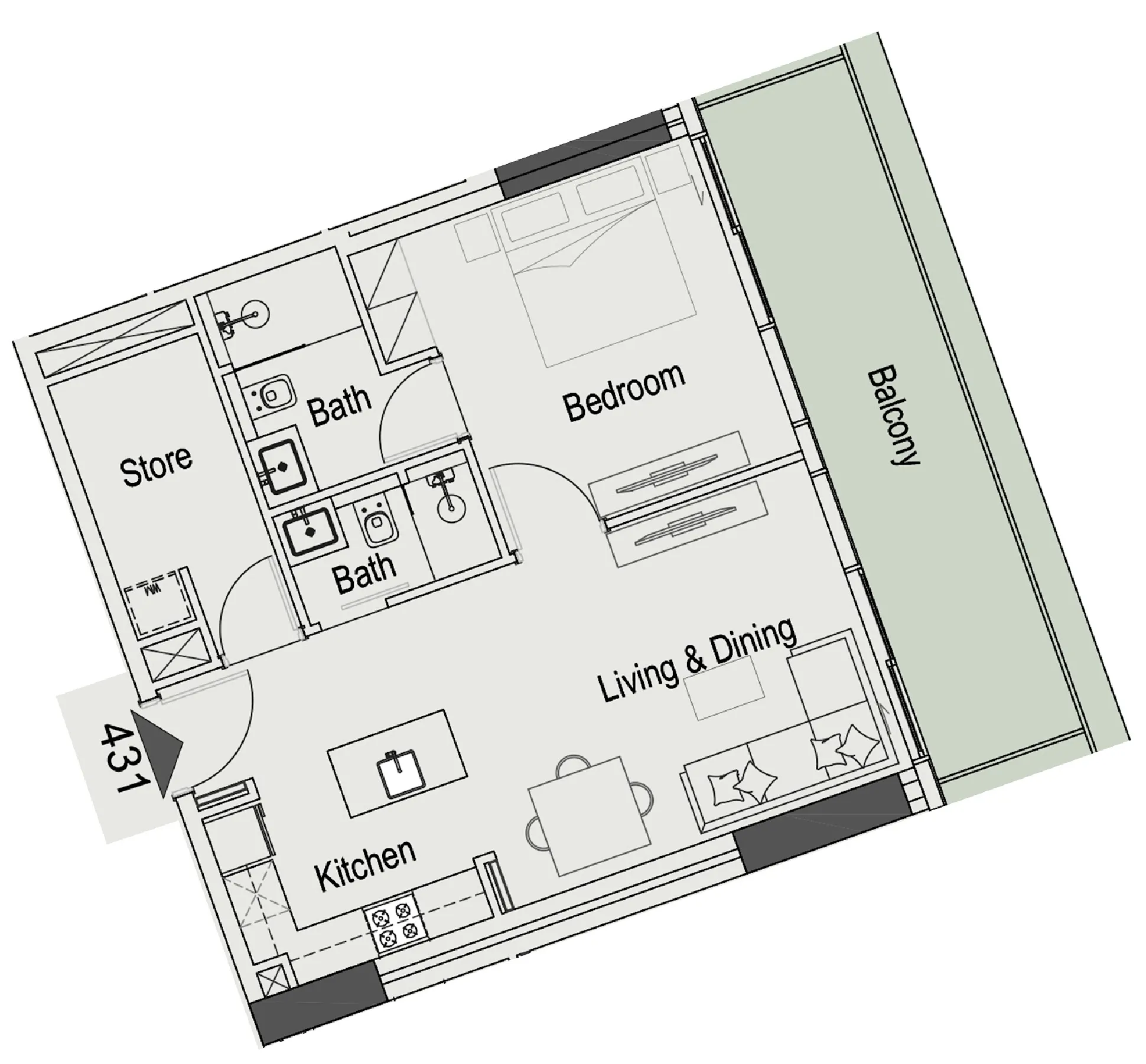1 bedroom Apartments floor plan at 15 Cascade Featured by Versace Ceramics