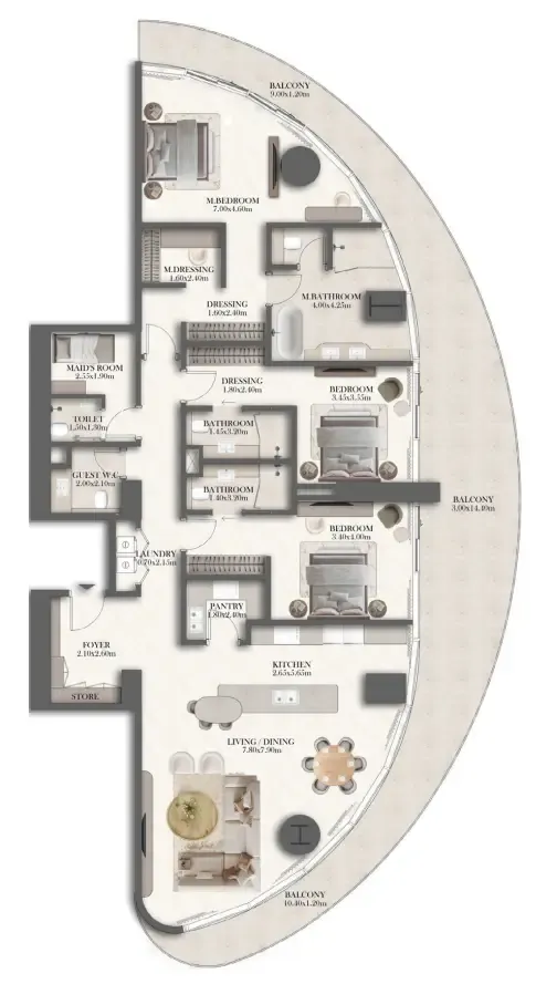 3 bedroom Apartments floor plan at Jumeirah Residences at Al Maryah Island