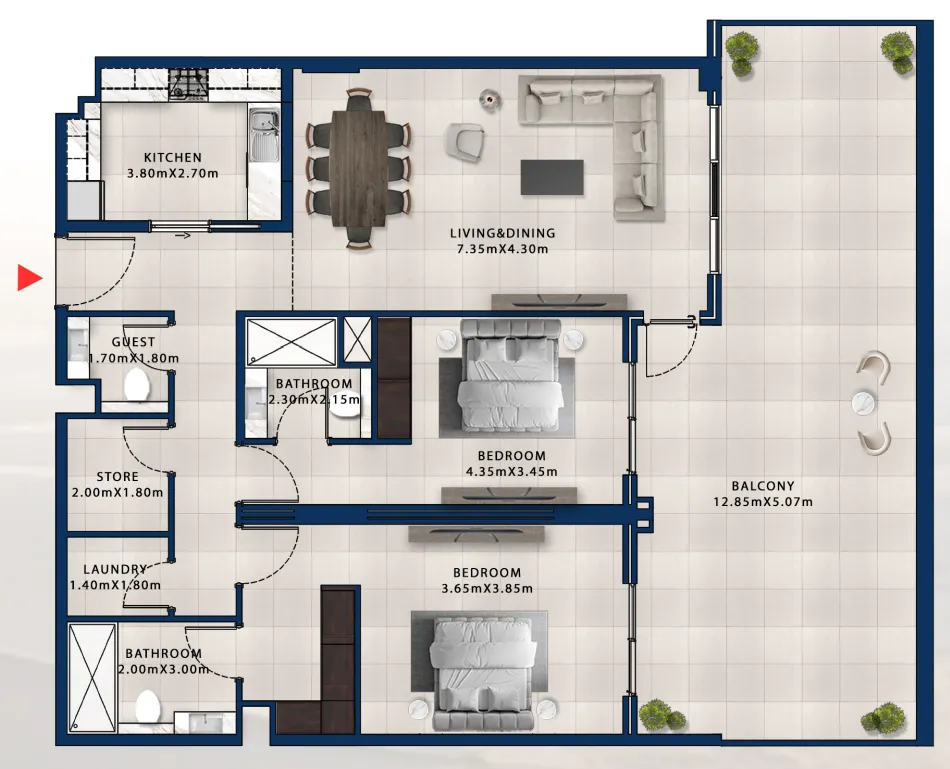 2 bedroom Apartments floor plan at Asayel Avenue
