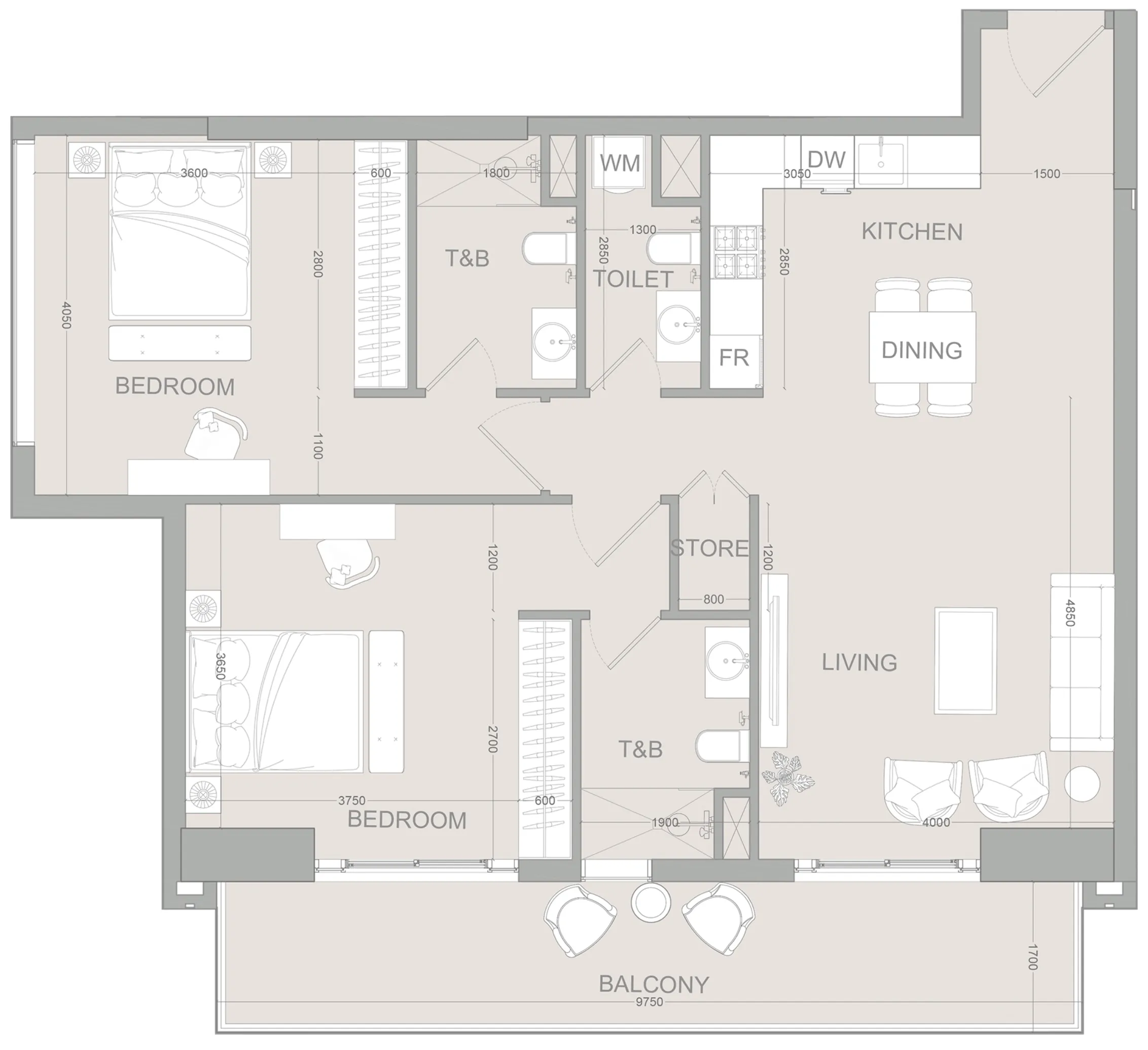2 bedroom Apartments floor plan at AUREL1A Residence