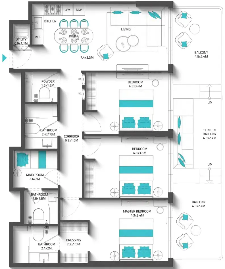 3 bedroom Apartments floor plan at Reef 996