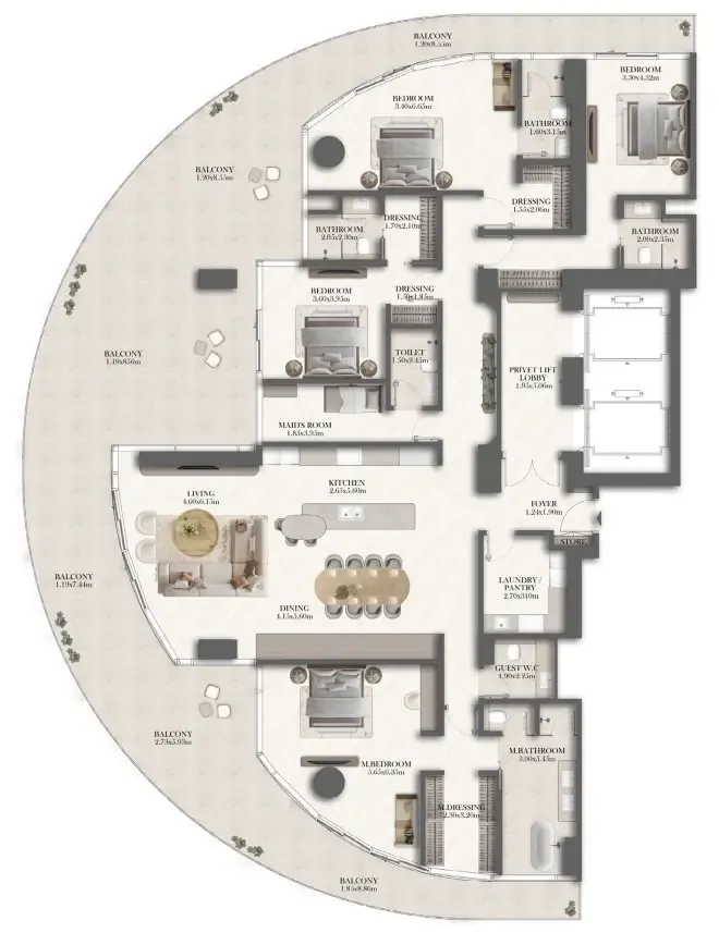 4 bedroom Apartments floor plan at Jumeirah Residences at Al Maryah Island