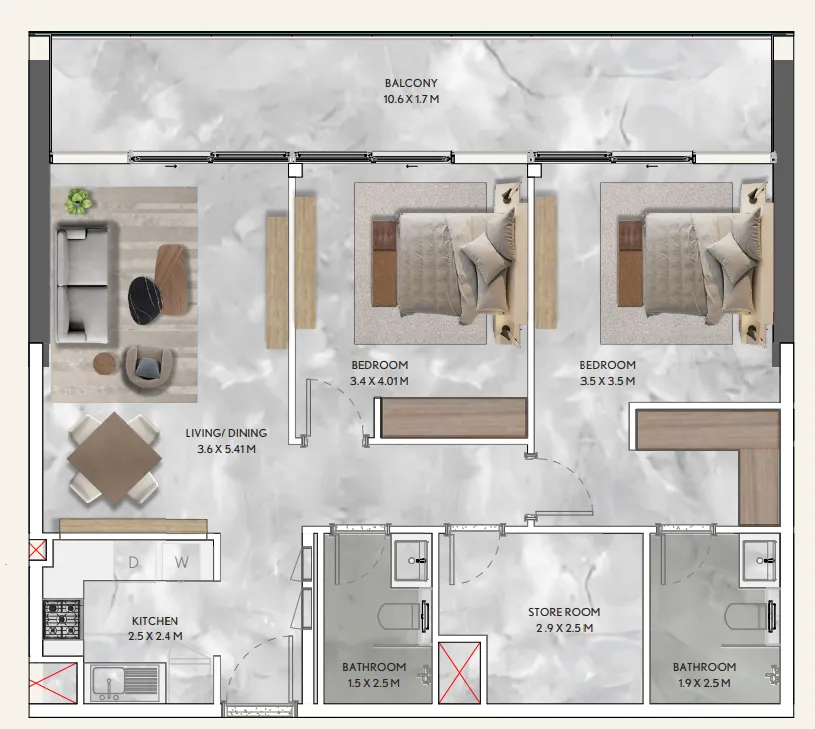 2 bedroom Apartments floor plan at California Residences