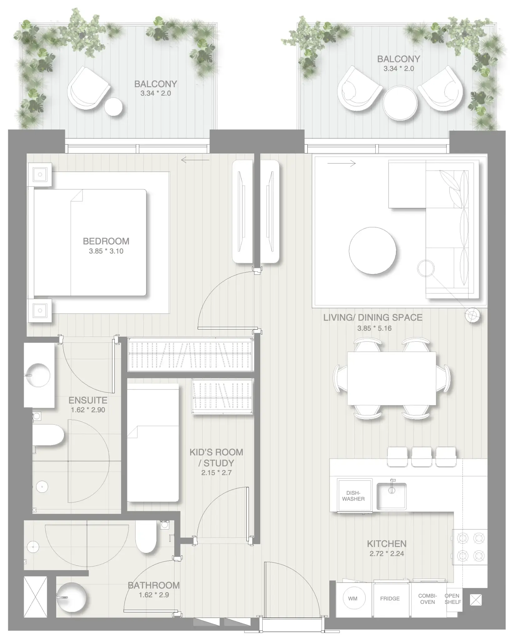 1.5 bedroom Apartments floor plan at Sol Levante