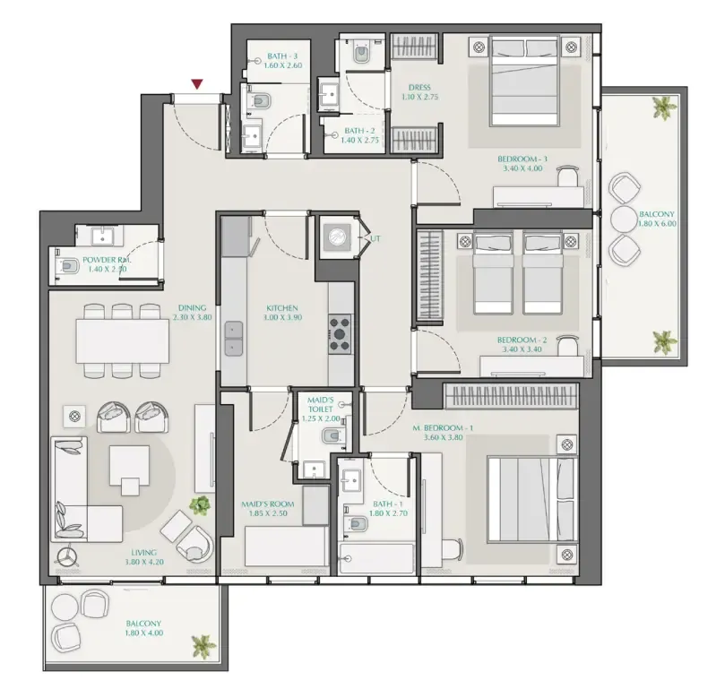 3 bedroom Apartments floor plan at Avenue Park Towers 1 at Wasl 1
