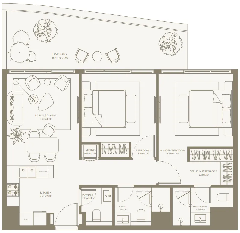 2 bedroom Apartments floor plan at AYA Beachfront Residences