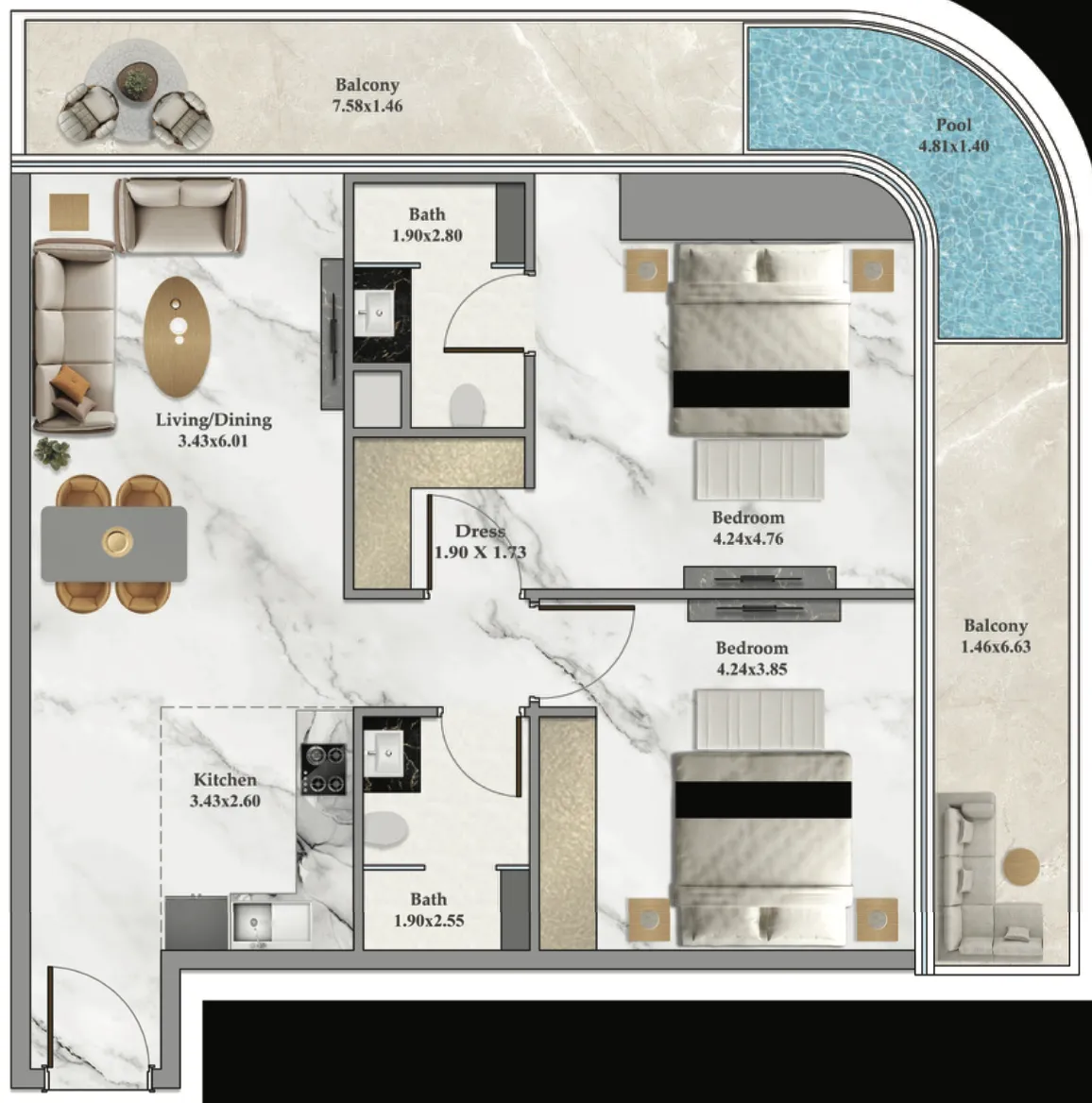 2 bedroom Apartments floor plan at Bayz 102