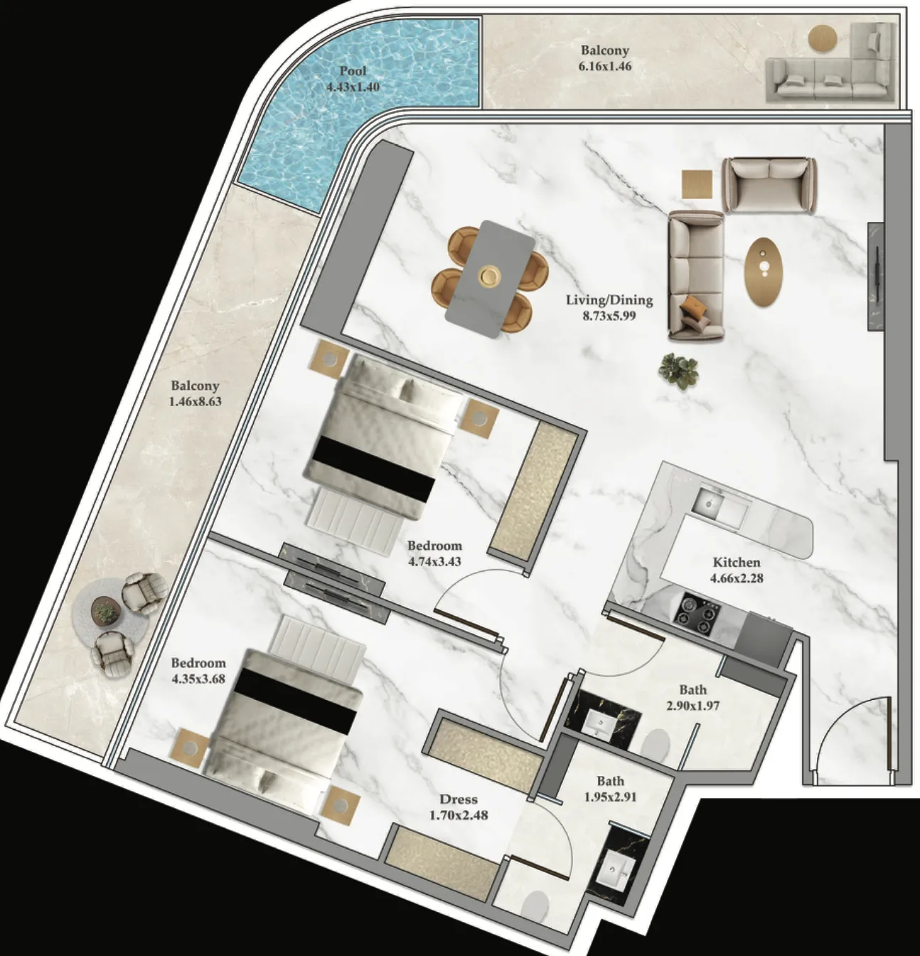 2 bedroom Apartments floor plan at Bayz 102