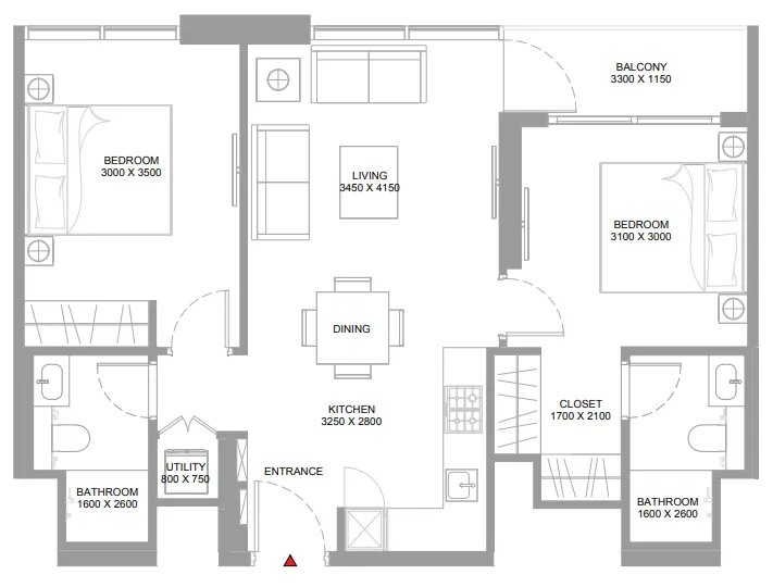 2 bedroom Apartments floor plan at Pristine Beach Residences