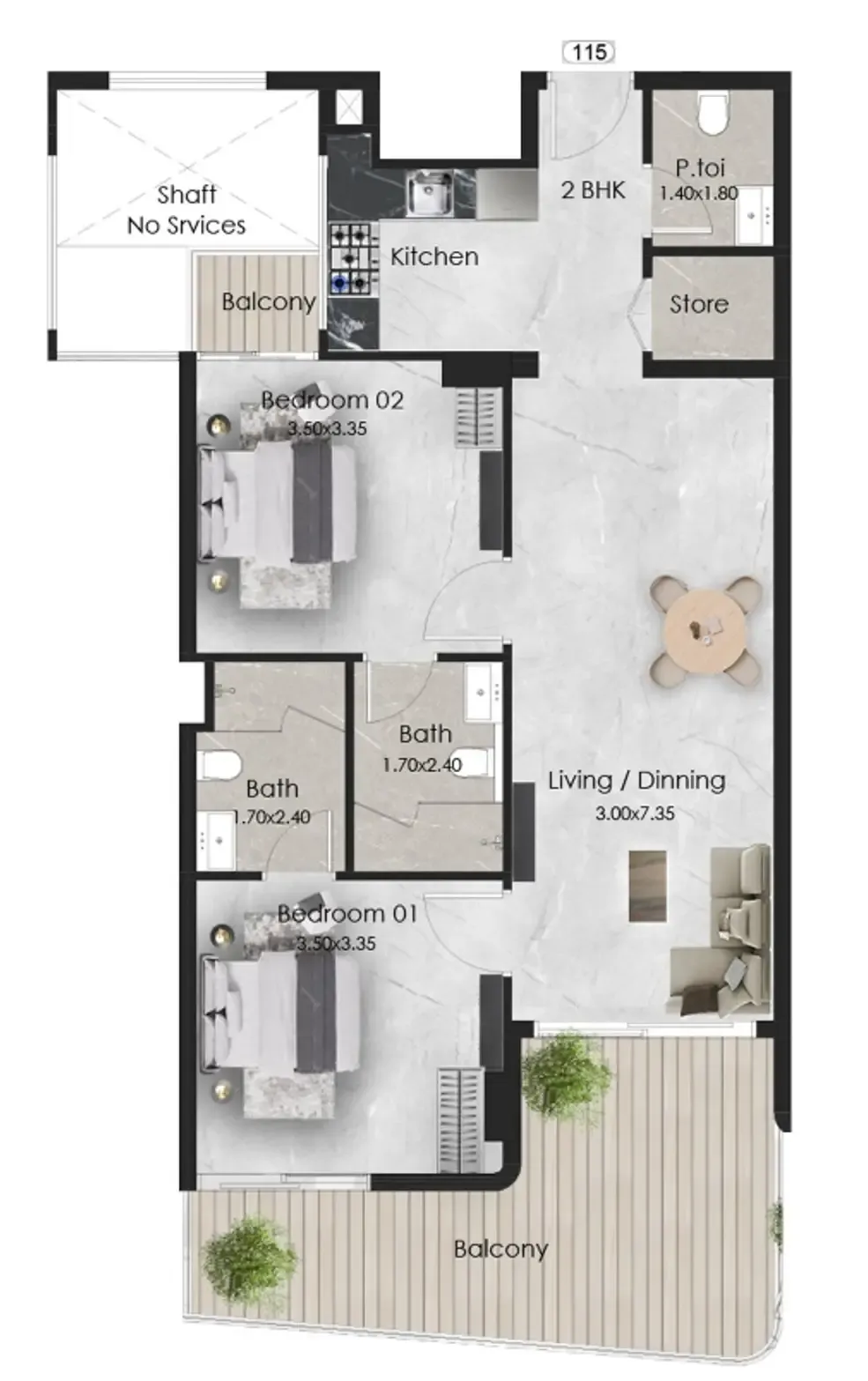 2 bedroom Apartments floor plan at Aristo