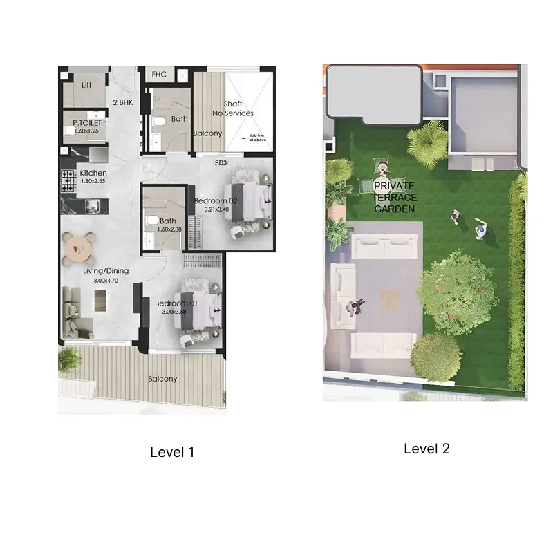 2 bedroom Duplex floor plan at Aristo