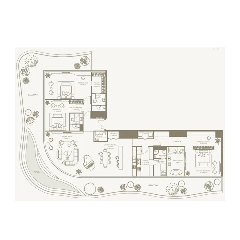 3 bedroom Penthouse floor plan at AYA Beachfront Residences