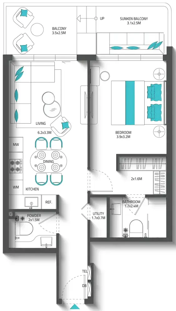 1 bedroom Apartments floor plan at Reef 996