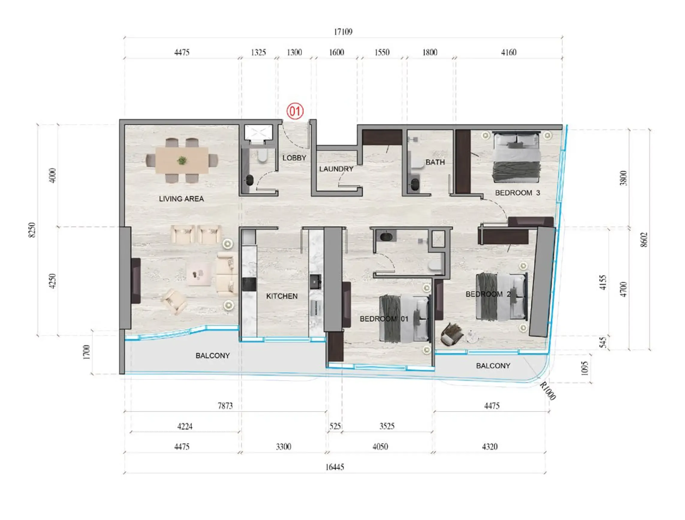 3 bedroom Apartments floor plan at Al Ghaf Tower