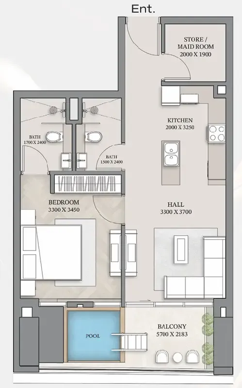 1.5 bedroom Apartments floor plan at Empire Gardens