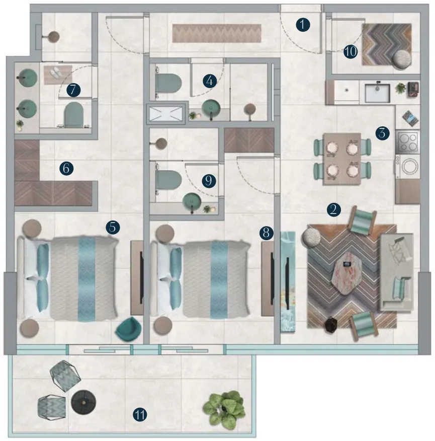 2.5 bedroom Apartments floor plan at Octa Isle Interiors by Missoni