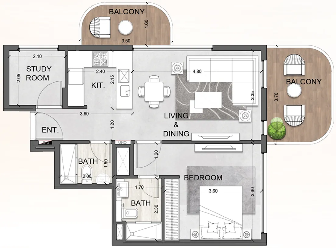 1.5 bedroom apartments floor plan at Future Avenue