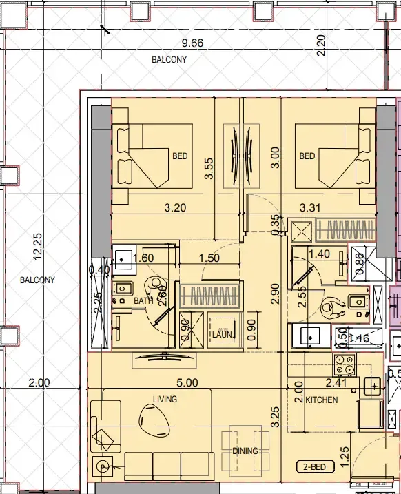 2 bedroom Apartments floor plan at Binghatti Titania