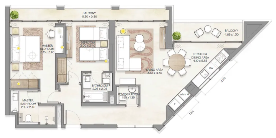 2 bedroom Apartments floor plan at Bloom Arjaan by Rotana