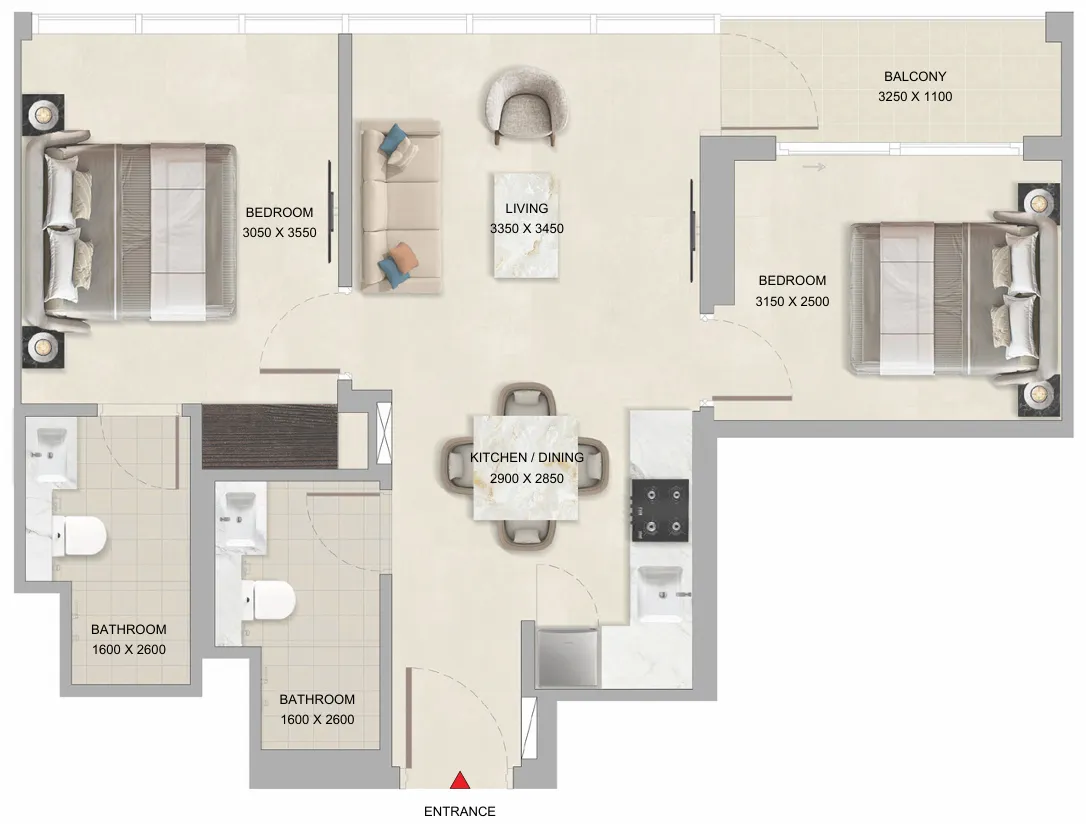 2 bedroom Apartments floor plan at Tranquil Beach Residences