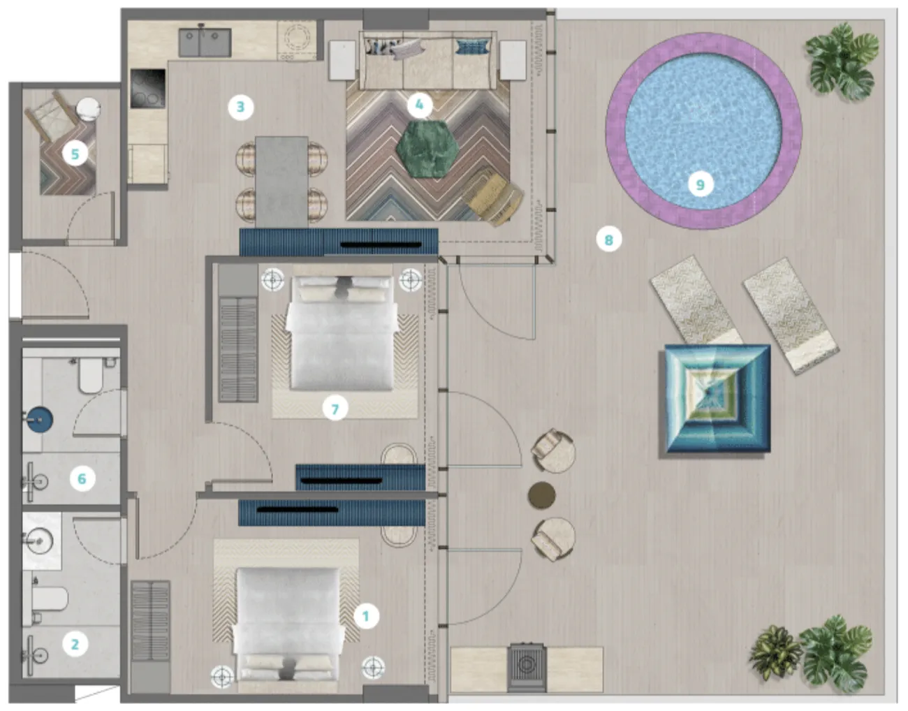2.5 bedroom Apartments floor plan at Trio Isle
