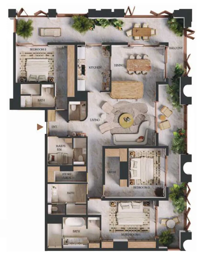 3 bedroom Apartments floor plan at Elire Managed by LUX