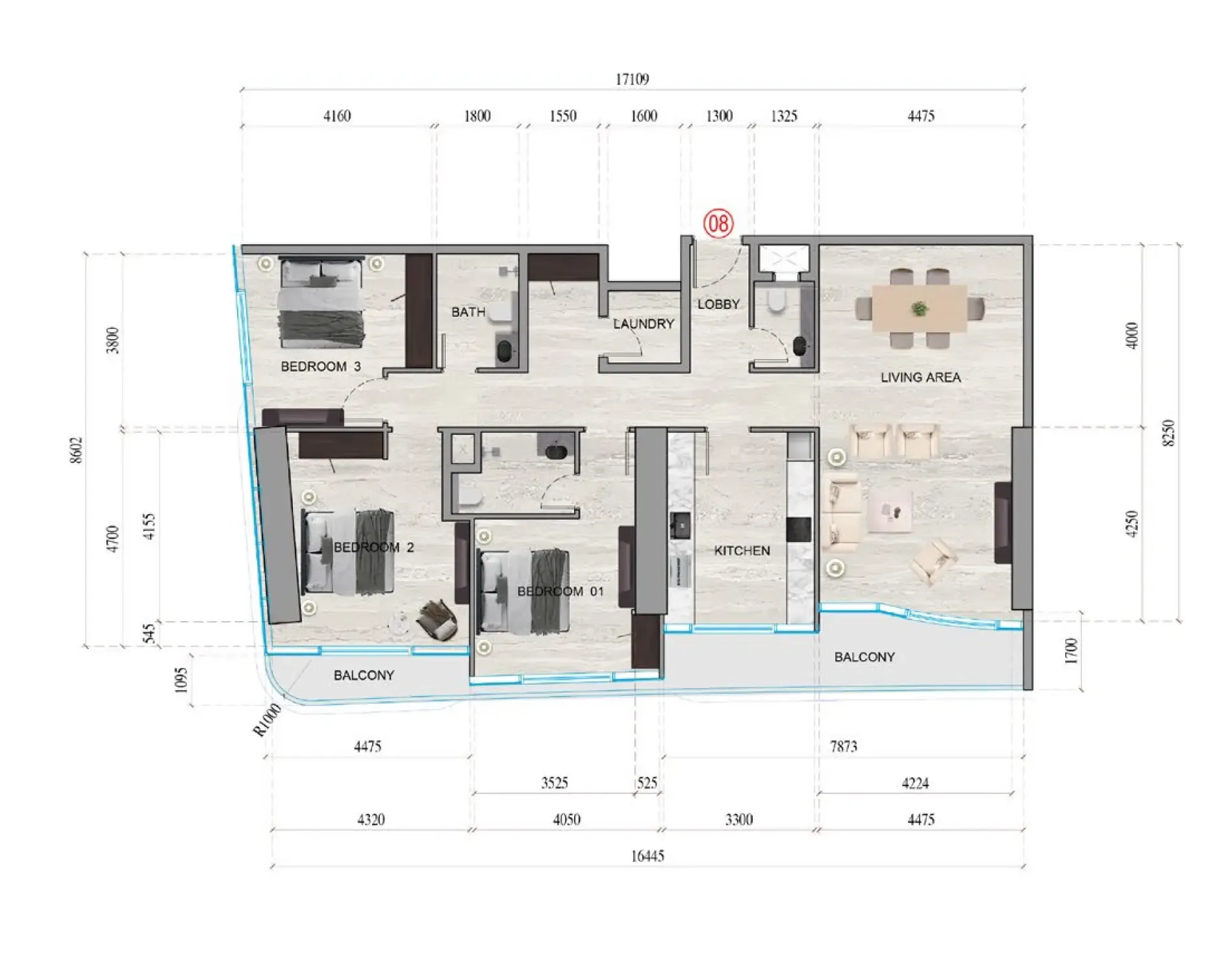 3 bedroom Apartments floor plan at Al Ghaf Tower