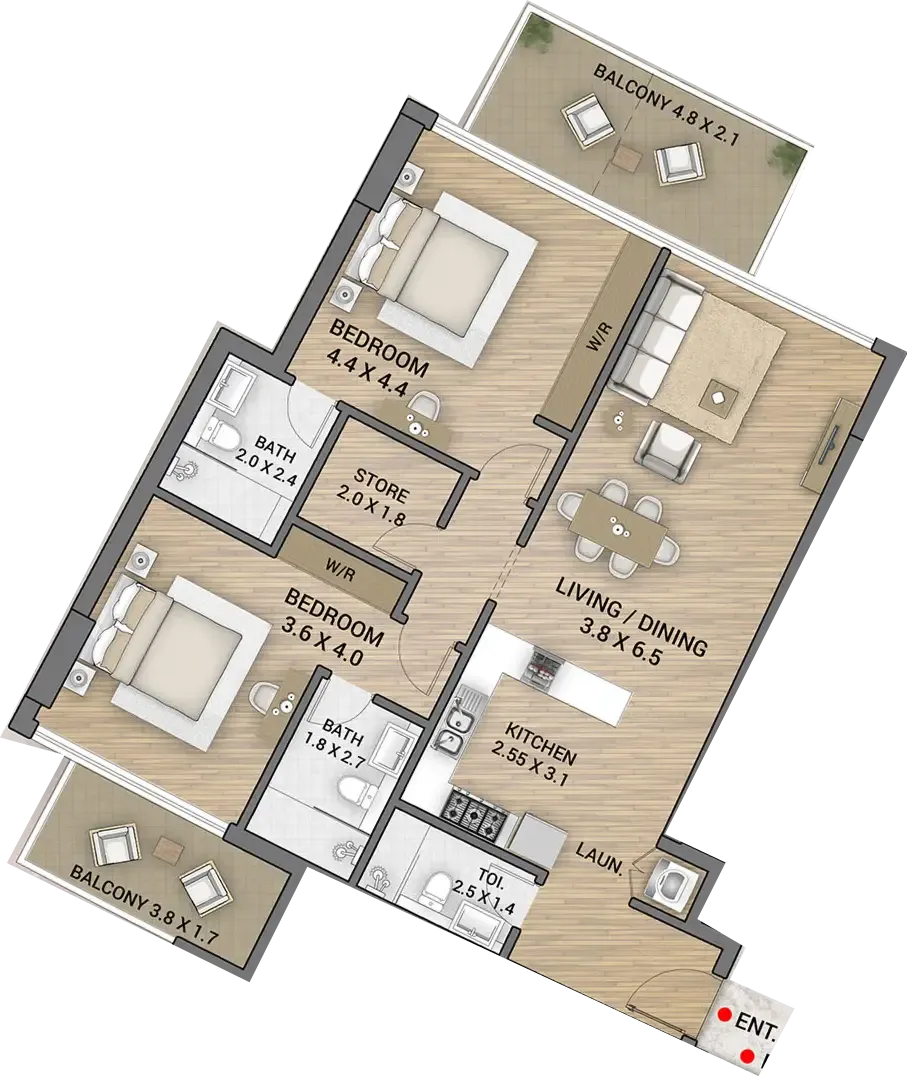 2 bedroom Apartments floor plan at Ocean Tower