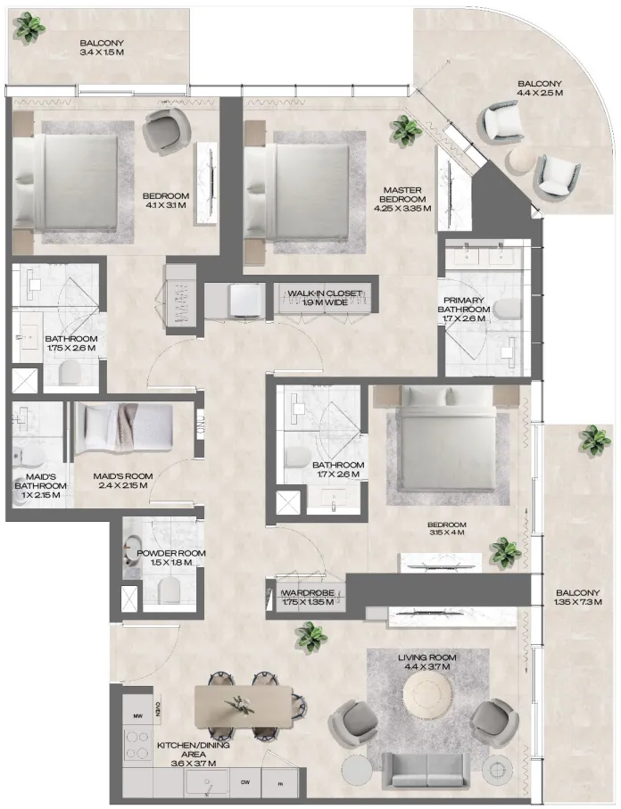 3 bedroom Apartments floor plan at DWTN Residences