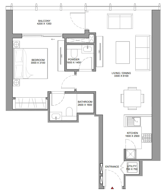 1 bedroom Apartments floor plan at The Element at Sobha One
