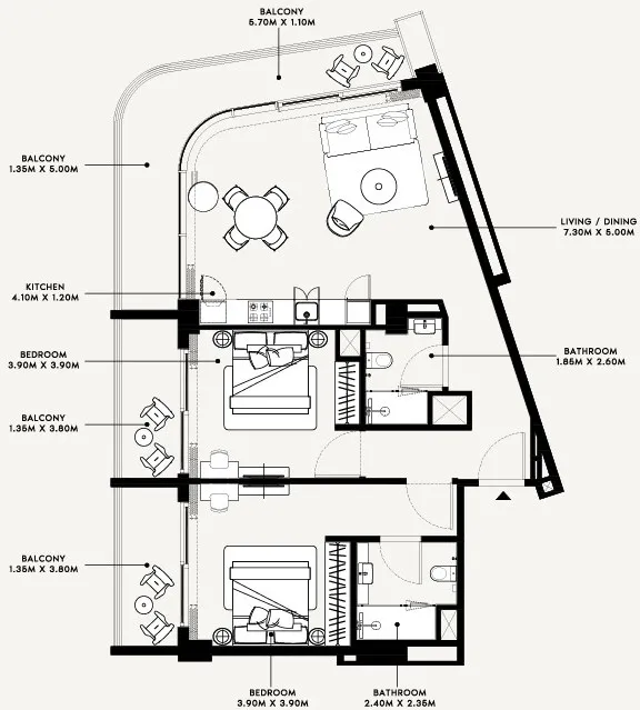 2 bedroom Apartments floor plan at Azizi Arian