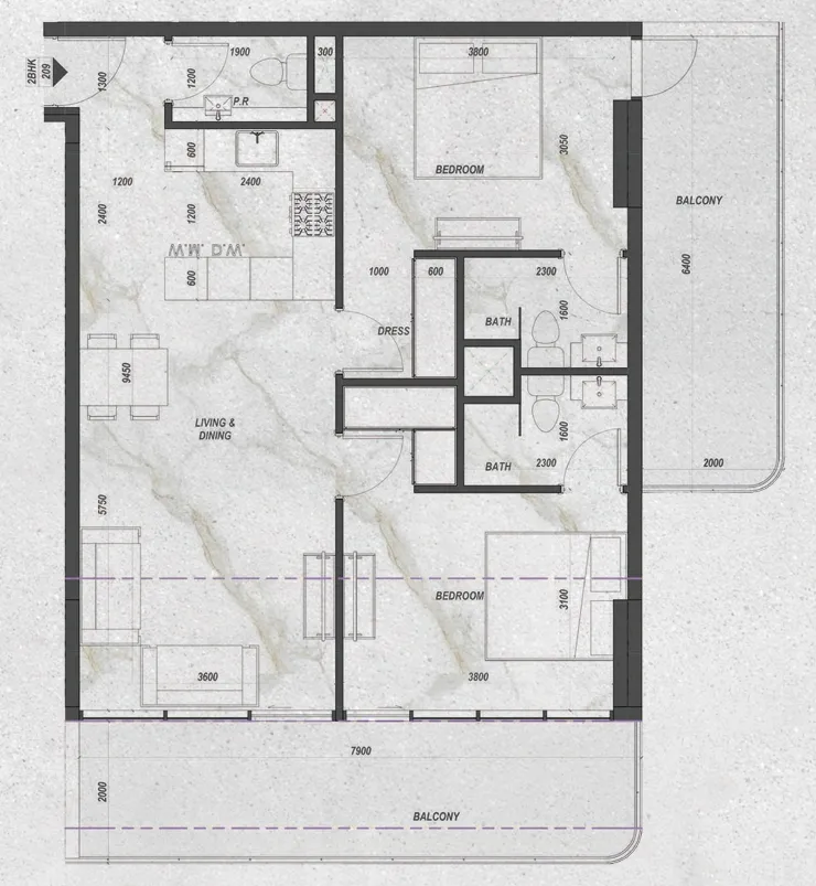 2 bedroom Apartments floor plan at Zyra Hills