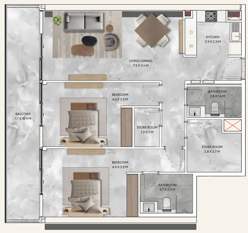 2 bedroom Apartments floor plan at California Residences