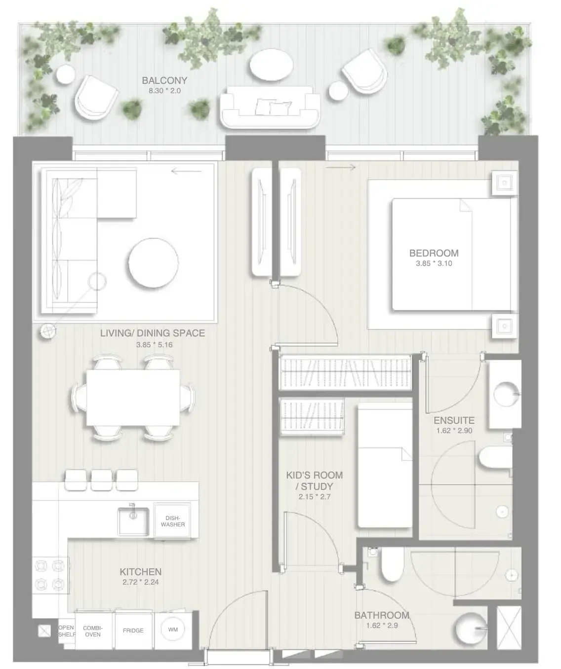 1.5 bedroom Apartments floor plan at Sol Levante