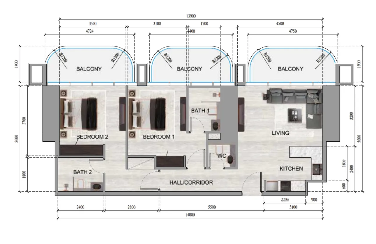 2 bedroom Apartments floor plan at Ananda Residences