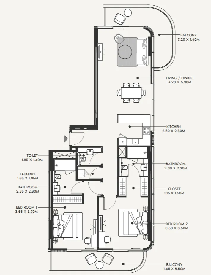2 bedroom Apartments floor plan at Azizi Amir