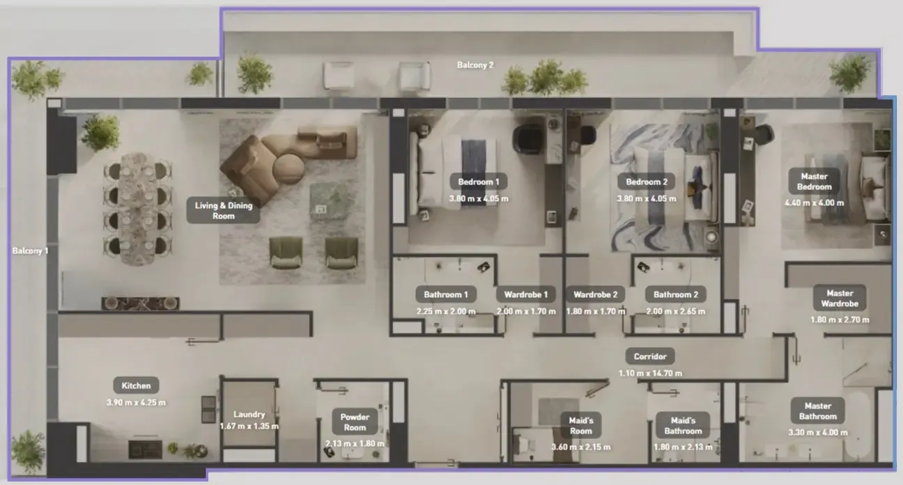 3 bedroom apartments floor plan at Juman 1