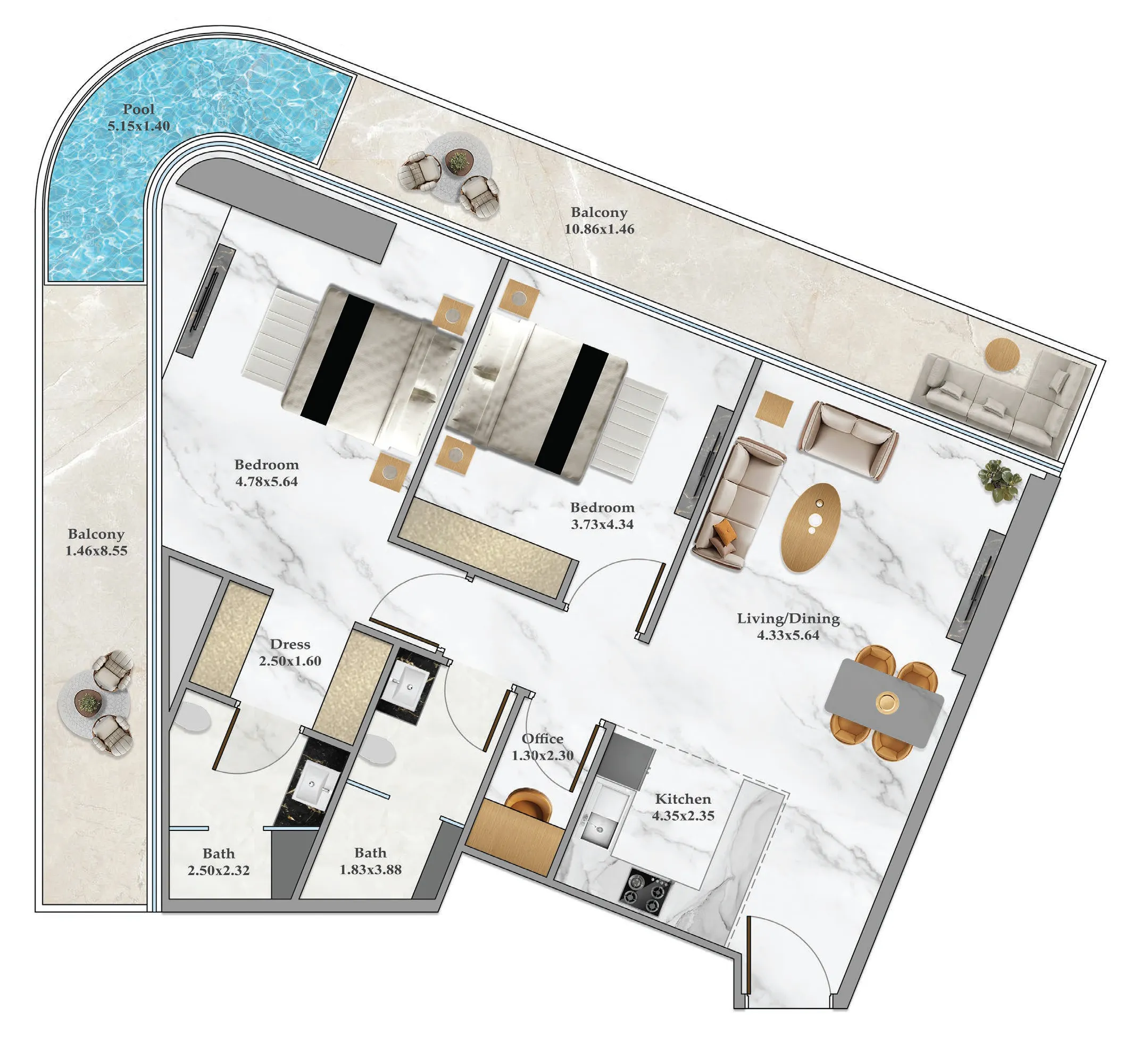 2 bedroom Apartments floor plan at Bayz 102
