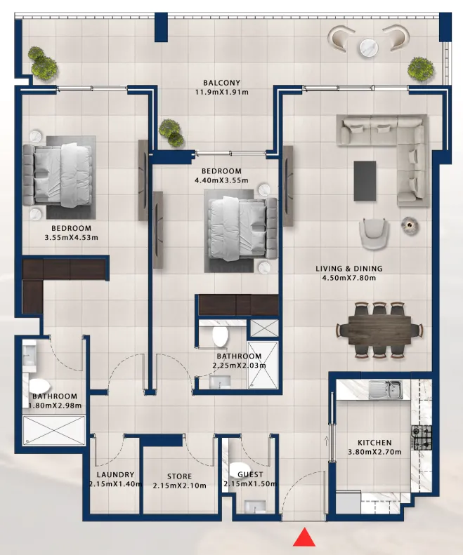 2 bedroom Apartments floor plan at Asayel Avenue