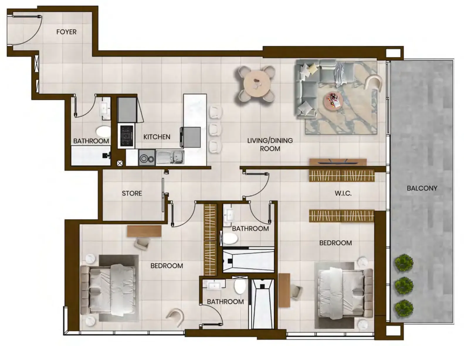 2 bedroom Apartments floor plan at Butterfly Towers