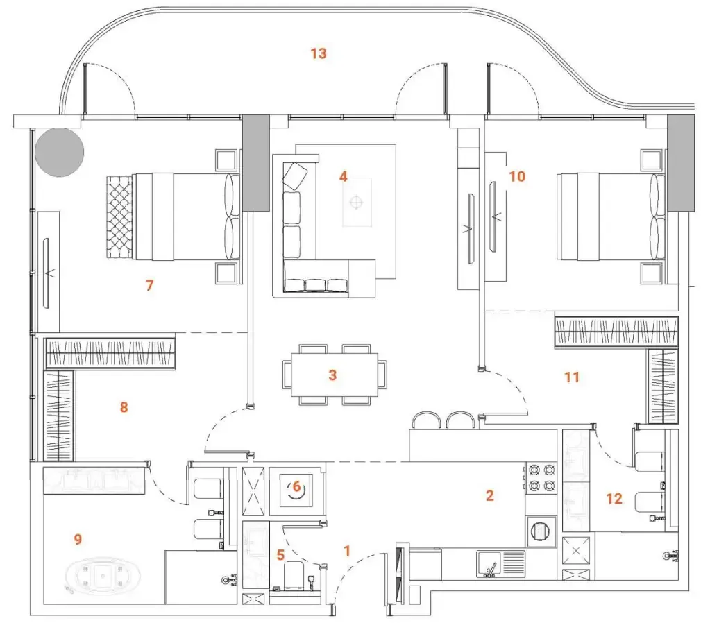 2 bedroom apartments floor plan at The Orchard Place Tower C